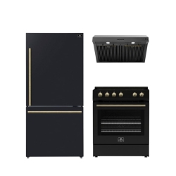 FORNO Premium 3-Piece Kitchen Bundle - Leonardo Espresso 30" Range, 30" Range Hood, 31" Refrigerator - Fbdl-001-02Ca In Black