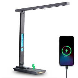 GREEN SCENIC 10W Wireless Charging Led Desk Lamp With Calendar, Alarm Clock, Night Light, Eye Protection, Five Color Temperatures, Foldable Design