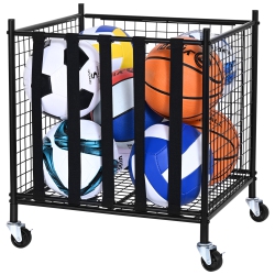 VEVOR Rolling Sports Ball Storage Cart, Lockable Basketball Cage \w Elastic Straps, Sport Equipment Holder Organizer, Steel Storage Rack For