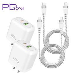 XCRS Fast Iphone Charger 30W Dual Port USB-C/USB-A Wall Adapter \w USB-C Cable – Compatible \w Iphone 17/16/15, Ipad, Samsung S25, Pixel &