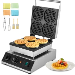 VEVOR 4PCs Commercial Waffle Maker, Round Waffle Baker Machine, 1750W Non-Stick Stainless Steel Belgian Waffle Iron \w Temperature And Time