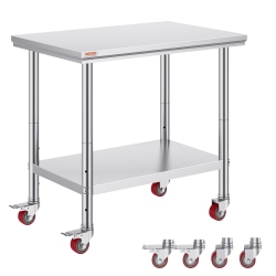 VEVOR 35 X 24 X 33 Inch Stainless Steel Work Table, 700 Lbs Load Capacity \w 4 Wheels, 3 Adjustable Height Levels, Heavy Duty Food Prep Worktable