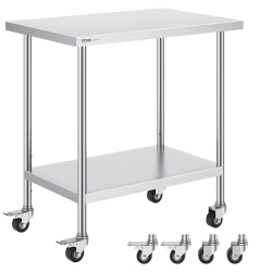 VEVOR 24 X 36 X 38 Inch Stainless Steel Work Table, \w 4 Wheels, 3 Adjustable Height Levels, Heavy Duty Food Prep Worktable for Commercial Kitchen