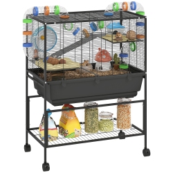 PAWHUT Large Hamster Cage \w 7" Deep Tray, 3 Tier Rolling Gerbil Cage \w Storage Shelf, Big Exercise Wheel, Tube System, Hut, Platforms, Ramps, For