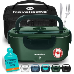 TRAVELISIMO Electric Lunch Box Food Heater, 80W 1.5L Self Heating Lunch Box 12V/24V/110V Heated Lunch Box for Men & Women, Stainless Steel Portable