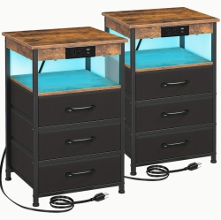 BOLDDECO Led Nightstand Set Of 2 \w Charging Station, Large End Tables \w Storage Shelf for Living Room, Bedside Table \w 3 Fabric Drawers for Bedroom