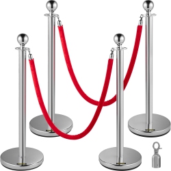 VEVOR 4PCs Stainless Steel Stanchion Posts Queue Velvet Ropes Silver Post, 5Ft Rope Barriers Queue Line Crowd Control Barriers for Party Supplies