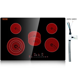 VEVOR 30.3 X 20.5 Inch Built In Electric Stove Top, 5 Burners, 240V Glass Radiant Cooktop \w Sensor Touch Control, Timer & Child Lock Included, 9