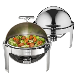 VEVOR 6 Qt 2 Pack Roll Top Chafing Dish Buffet Set, Stainless Steel Chafer \w 2 Full Size Pans, Round Catering Warmer Server \w Lid Water Pan Stand