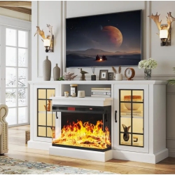 BOLDDECO Luxurious 70 Inch 2-Sided Glass Fireplace Tv Stand for Tvs Up to 80", Media Entertainment Center Console Table \w Glass Door Closed Storage