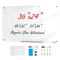 VEVOR 36"x24" Magnetic Glass Board, Dry Erase Board, Wall-Mounted Large Glassboard Frameless, With Marker Tray, An Eraser And 2 Markers In White