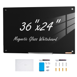 VEVOR 36"x24" Magnetic Glass Board, Dry Erase Board, Wall-Mounted Large Glassboard Frameless, With Marker Tray, An Eraser And 2 Markers, Black