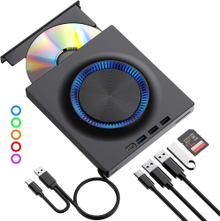 MYACUC External DVD Drive, CD Drive Burner DVD Player With USB 3.0 & USB-C Hub And Sd Card Reader, Portable DVD CD Rom +/-Rw Disk Drive Writer