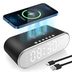 MYACUC Digital Alarm Clock With Wireless Charging, Wireless Charger Clock With Charging Line Snooze Mode Temperature 12/24H Sleep Timer
