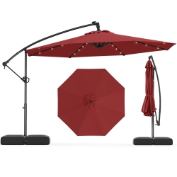 COSTWAY 10 Ft Solar Offset Hanging Umbrella Patio Cantilever Umbrella With 32 Led Lights Brown/turquoise/beige/gray/red