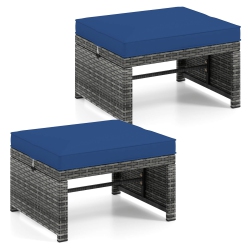 COSTWAY Patio Ottomans Set Of 2 Pe Rattan Footstools With Removable Cushions & Metal Frame Red/gray/black/white/turquoise/navy