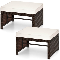COSTWAY 2 PCs Patio Pe Rattan Ottomans With Soft Zippered Cushions for Deck Outdoor White/navy/red/turquoise