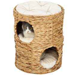 PAWHUT Cat Condo Barrel, 2-Storey Cat Tree Tower With Top Perch And 2 Hideaways, 2 Entrances, 3 Cushions, for Indoor Kittens In Light Brown