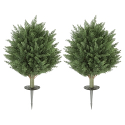 HOMCOM 24" Height Artificial Cypress Topiary Trees \w Ground Stake, Set Of 2 Artificial Plants, Fake Plants for Indoor Outdoor Front Porch Home