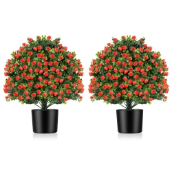 COSTWAY 2 Pack Artificial Rose Topiary Ball Tree Faux Shrub Bushes With Flowers