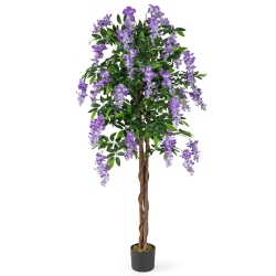 COSTWAY 1/2 PCs 5.5 Ft Tall Artificial Ficus Tree Faux Wisteria Plant In Nursery Pot Decoration Pink/purple