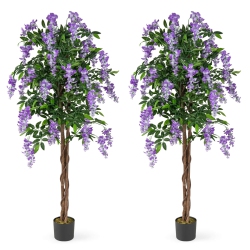 COSTWAY 1/2 PCs 5.5 Ft Tall Artificial Ficus Tree Faux Wisteria Plant In Nursery Pot Decoration Pink/purple