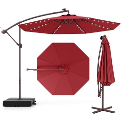 COSTWAY Patio 10Ft Hanging Offset Umbrella 32 Led Lights Bag Outdoor Cross Base In Sand