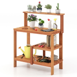 GYMAX Outdoor Potting Bench Table W/open Shelves Teak Oil Finish Gardening Workstation