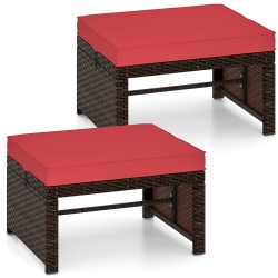 GYMAX Set Of 2 Patio Pe Rattan Ottomans W/ Soft Zippered Cushions for Deck Outdoor
