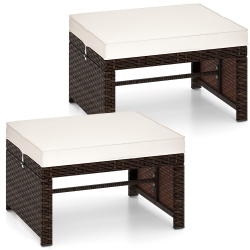 GYMAX Set Of 2 Patio Pe Rattan Ottomans W/ Soft Zippered Cushions for Deck Outdoor
