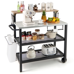 GYMAX Rolling Bar Cart W/ Flip-Up Table Hooks Paper Towel Holder Trash Bag Holder