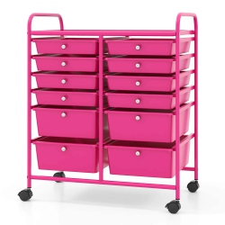 GYMAX 12-Drawer Rolling Storage Cart W/ 2 Sizes Plastic Drawers Hot In Pink