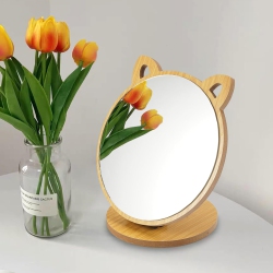 GREEN SCENIC Makeup Mirror \w Wooden Base, Small Mirror Creative Cat Ear Shape, Adjustable Angle Folding Mirror Suitable for Dressing Table, Desk