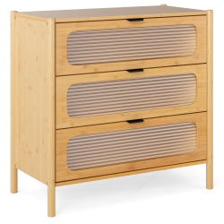 COSTWAY 3-Drawer Dresser With Reeded Tempered Glass Front Bamboo Storage Cabinet