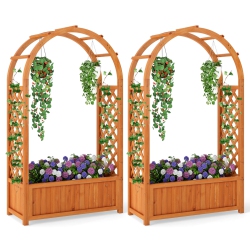 COSTWAY 1/2 PCs Raised Garden Bed Wooden Elevated Planter Box With Lattice Trellis & Ached Roof