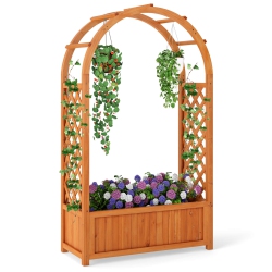 COSTWAY 1/2 PCs Raised Garden Bed Wooden Elevated Planter Box With Lattice Trellis & Ached Roof