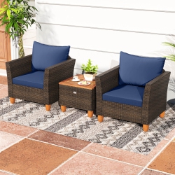 COSTWAY 3 PCs Outdoor Patio Rattan Bistro Furniture Set Wooden Table Top Cushioned Sofa Gray/black/beige/navy