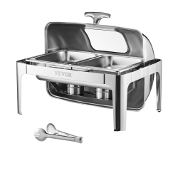 VEVOR 9 Qt Roll Top Chafing Dish Buffet Complete Set, 1 Pack Stainless Steel Chafer \w 2 Half Size Pans, Rectangle Catering Warmer Server \w Visible