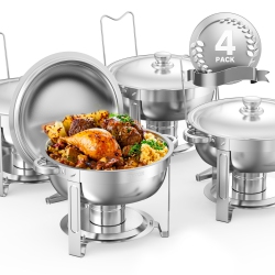 VEVOR 5 Qt 4 Pack Chafing Dish Buffet Set, Stainless Steel Chafer \w 4 Full Size Pans, Round Catering Warmer Server \w Lid Water Pan Folding Stand