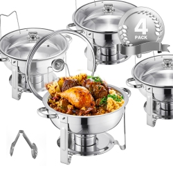 VEVOR 5 Qt 4 Pack Chafing Dish Buffet Set, Stainless Steel Chafer \w 4 Full Size Pan, Round Catering Warmer Server \w Glass Lid Water Pan Folding