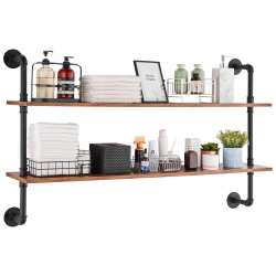 VEVOR 2 Tier Industrial Pipe Shelf, 48X 9.84In, Wall-Mount Floating Rustic Wood Shelves Bracket Display Bookshelf, Storage Rack Sundries Holder For