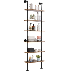 VEVOR 6 Tier Industrial Pipe Shelf, 24X9.84In, Wall-Mount Floating Rustic Wood Shelves Bracket Display Bookshelf, Storage Rack Sundries Holder For