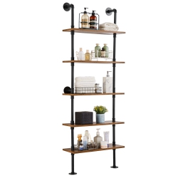 VEVOR 5 Tier Industrial Pipe Shelf, 24X9.84In, Wall-Mount Floating Rustic Wood Shelves Bracket Display Bookshelf, Storage Rack Sundries Holder For