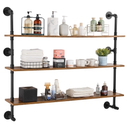 VEVOR 3 Tier Industrial Pipe Shelf, 48X9.84In, Wall-Mount Floating Rustic Wood Shelves Bracket Display Bookshelf, Storage Rack Sundries Holder For