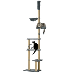 PAWHUT Floor to Ceiling Cat Tree, 90.5" - 98.5" Adjustable Height Cat Tower With Scratching Post, Dangling Balls, Platforms, Bed, Hammock In Grey