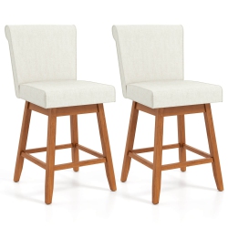 COSTWAY 27" Swivel Bar Stools Set Of 2 With Rubber Wood Legs Upholstered Linen Bar Chairs In Beige