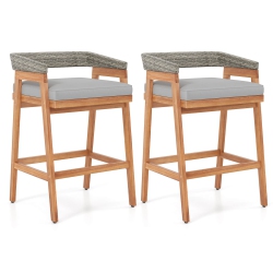 COSTWAY Patio Counter Height Bar Stools Set Of 2 With Cushions Pe Wicker Backrests