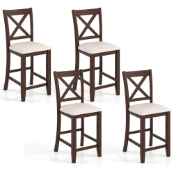 COSTWAY Rubber Wooden Bar Stools Set Of 2/4 With Footrest Comfortable Linen Cushion