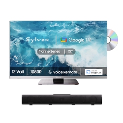 SYLVOX 12 Volt Tv \w Soundbar, 22" Rv Tv \w DVD Player, 1080P Newest Google Tv, Ac/dc Powered Frameless Tv for Rv Camper Boat Coastal Home (Marine