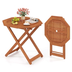 COSTWAY 1/2 PCs Outdoor Patio Folding Wood Dining Table for 4 With 2" Umbrella Hole for Garden